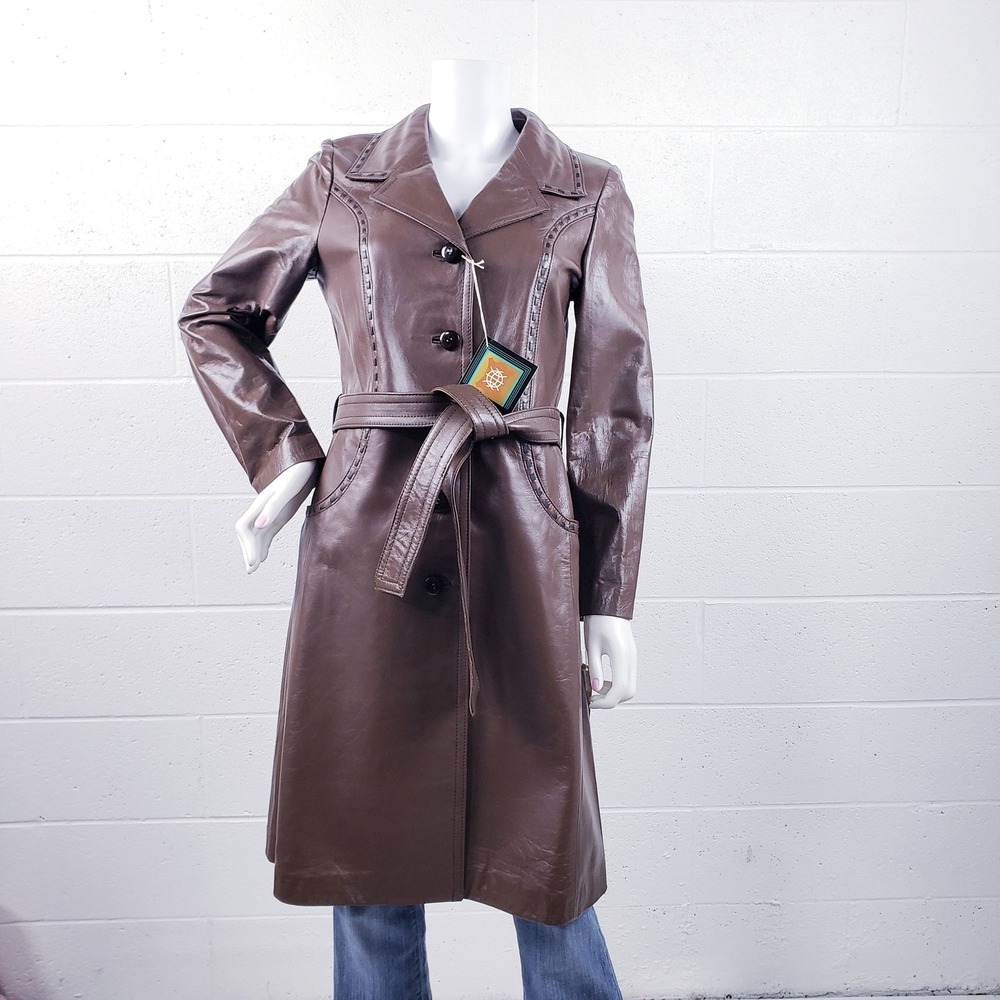 Vintage 70s Leda Spain Trench Coat Brown‎ Leather Belted Boho Hippie Size 10